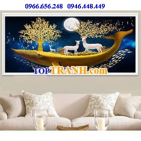 Tranh thêu hươu tài lộc